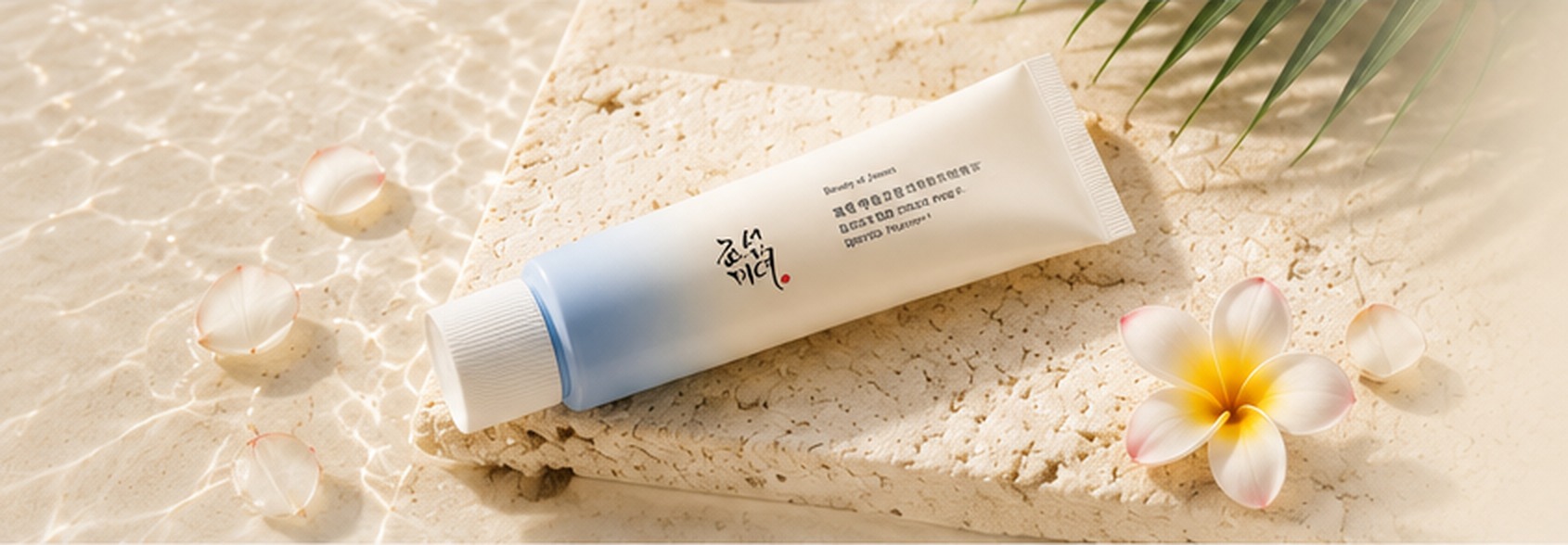 Crème solaire Beauty of Joseon posée sur une pierre ivoire, eau claire et fleurs de plumeria