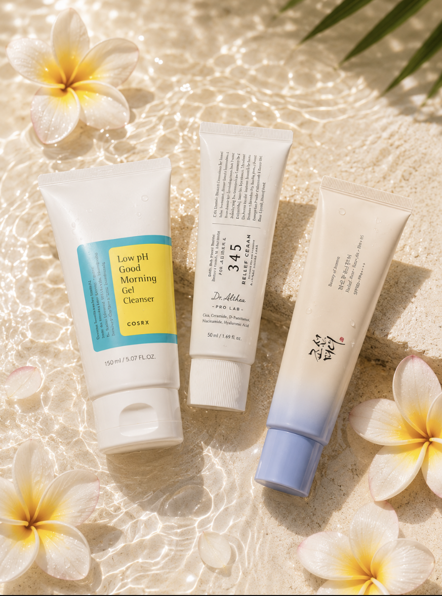 Nettoyant Cosrx Low pH Good Morning, Dr.Althea 345 Relief Cream et Beauty of Joseon Relief Sun posés sur le sable, entre fleurs de plumeria